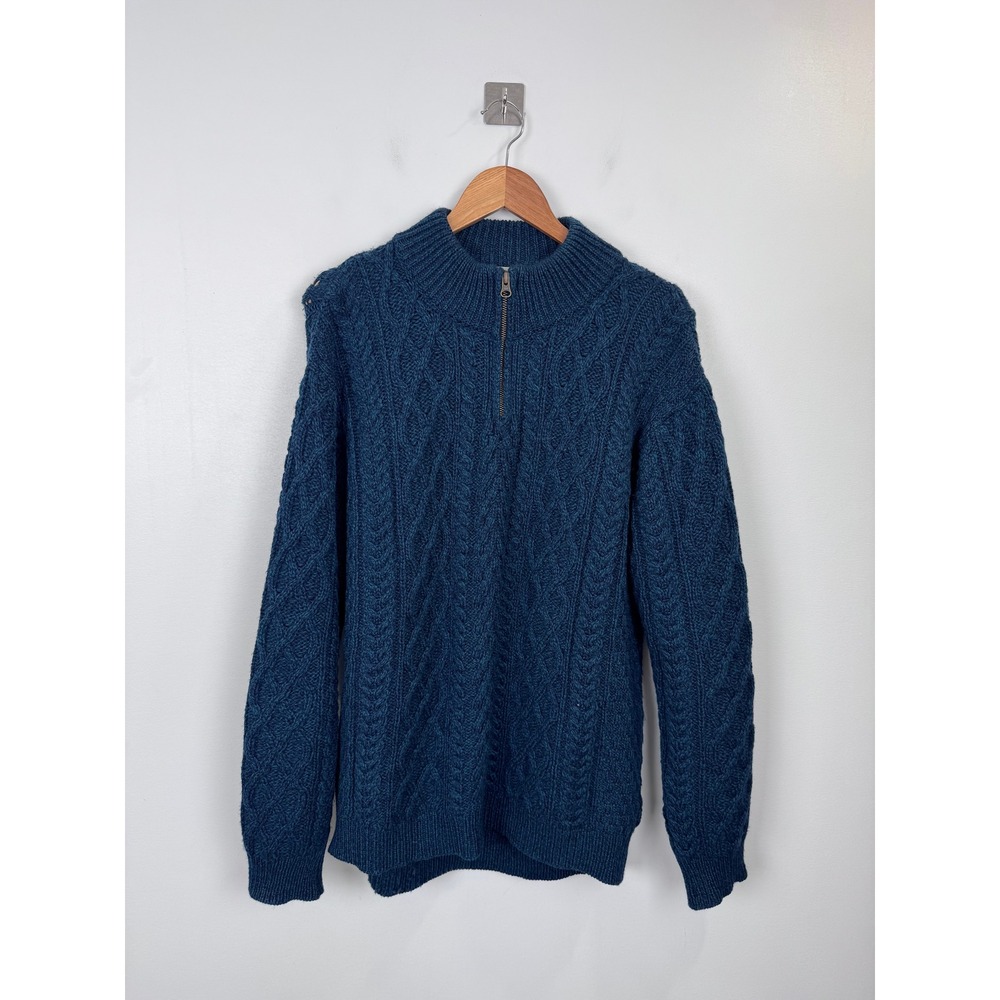 Aran Crafts Women 100% Merino Wool Quarter Zip Cable Knit Sweater Teal Blue XL